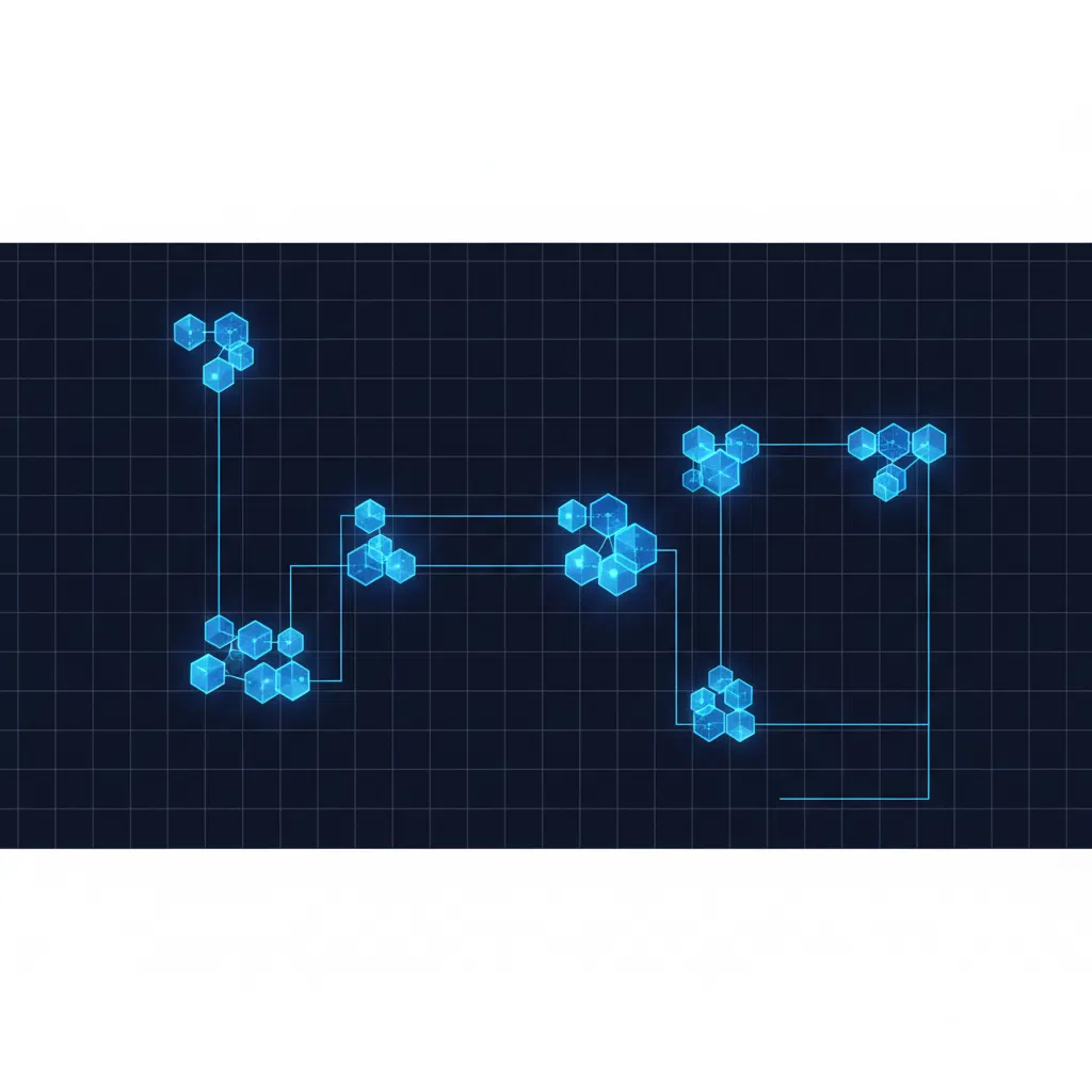 Dashboard educacional de dados blockchain com rede de nós interconectados em tons de azul escuro