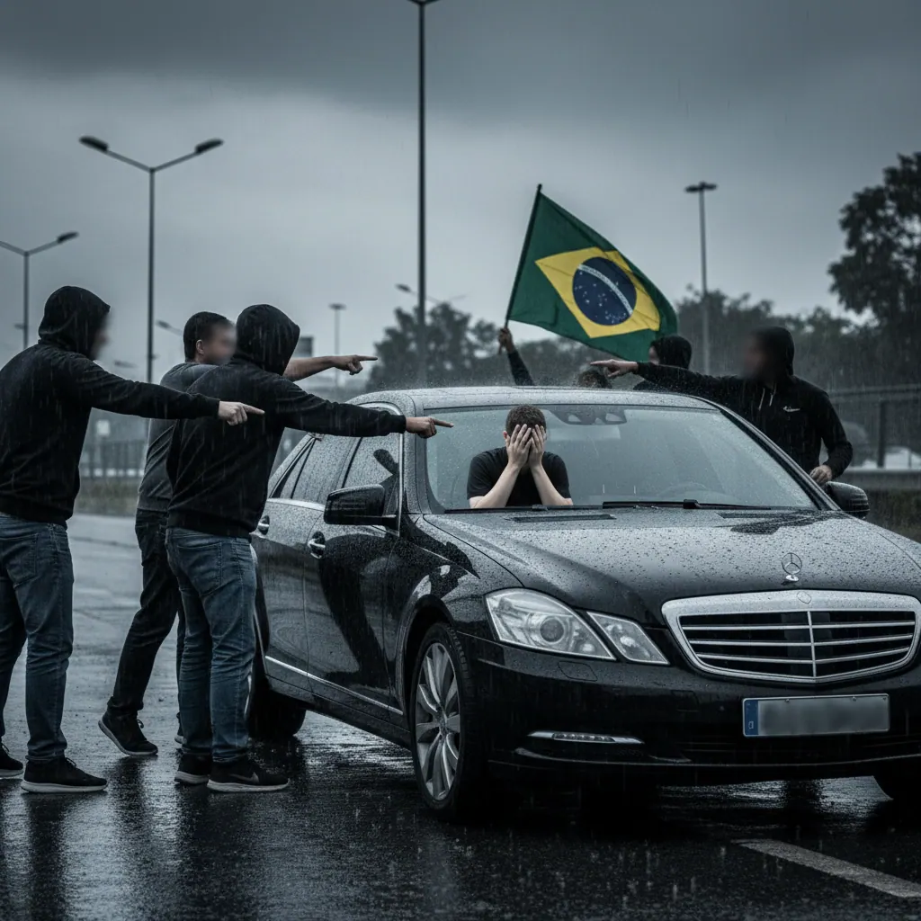 Grupo de pessoas gesticulando ao redor de um sedan preto em rua molhada com bandeira do Brasil ao fundo - simbolizando o momento de descoberta dos dados que circulam publicamente